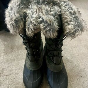 Lands' End Squall Insulated Green and Gray Winter Boots with Faux Fur